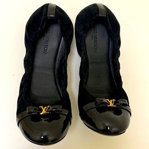 Louis Vuitton black suede and patent leather Elba scrunch ballet flats 37 1/2